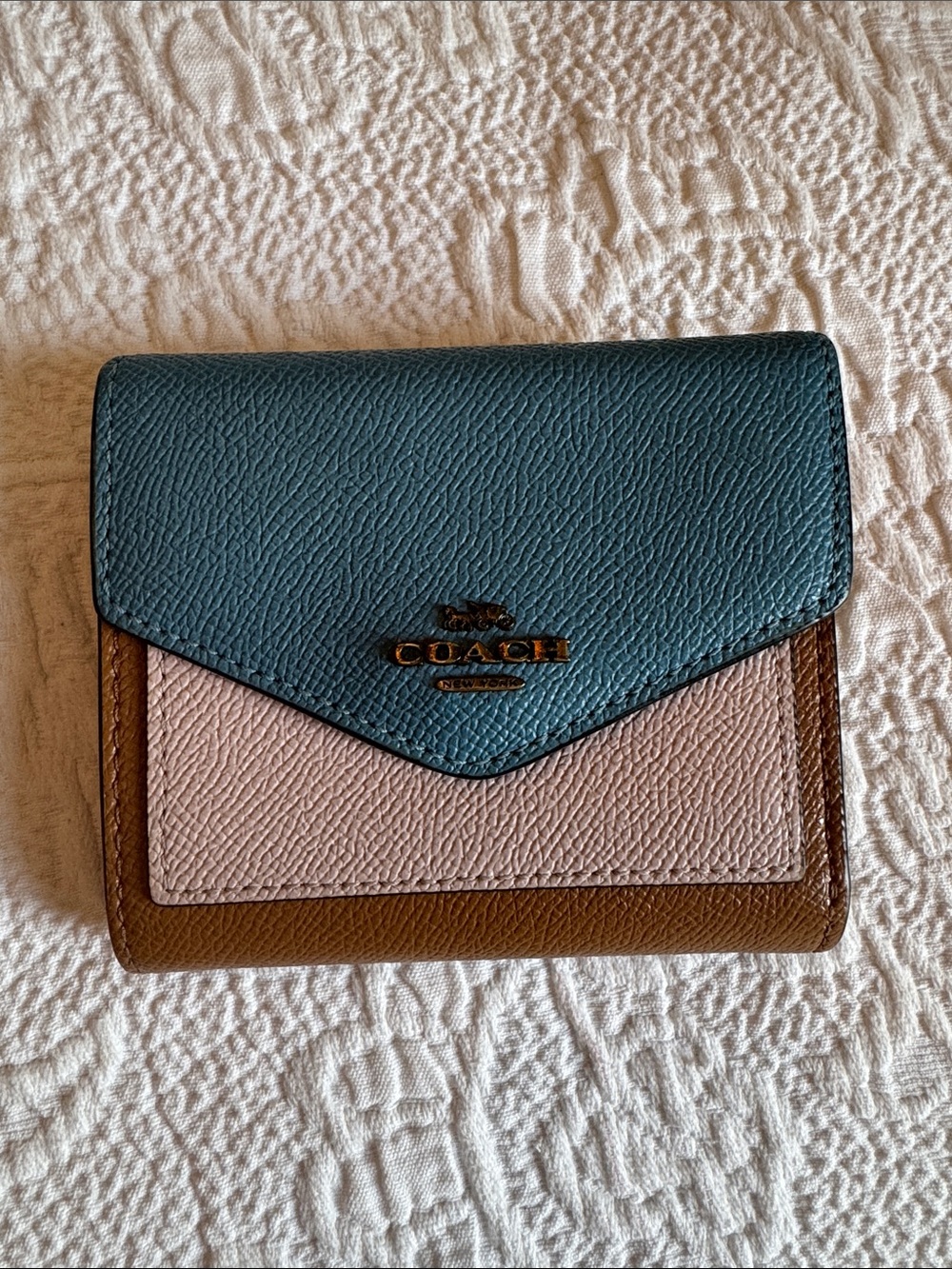 Coach Tri-Tone Leather Compact Wallet - Teal, Blush & Brown